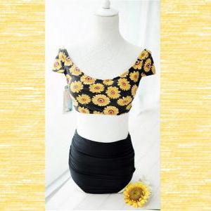 Sunflower Print Crop Top & Black High..