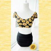 Sunflower Print Crop Top & Black High Waist Bikini-Floral Retro Swimsuit-high waisted swimsuit - vintage bathing suit-2 pcs