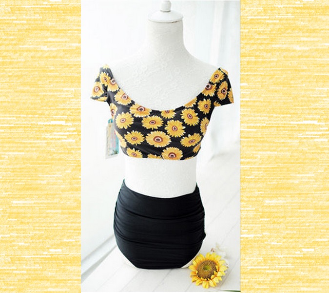 Sunflower Print Crop Top & Black High Waist Bikini-floral Retro Swimsuit-high Waisted Swimsuit - Vintage Bathing Suit-2 Pcs